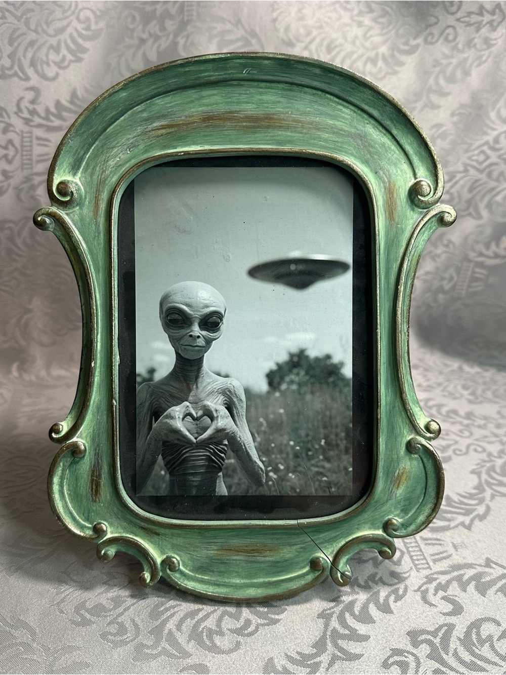 Distressed Green Framed Alien UFO Print Area 51 Retro Oddity Moody Decor